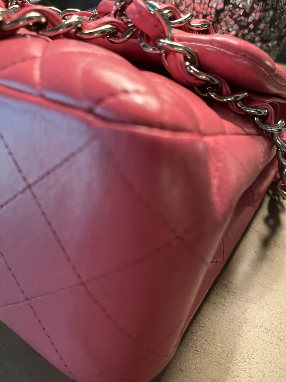CHANEL Jumbo Quilted Double Flap Shoulder Bag in Hot Pink with Silver Hardware - Picture 8 of 13